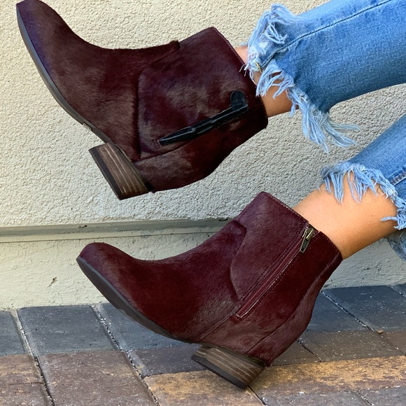 Burgundy Wine Genuine Pony Hair Wedge Ankle Boots - Picture 4 of 8